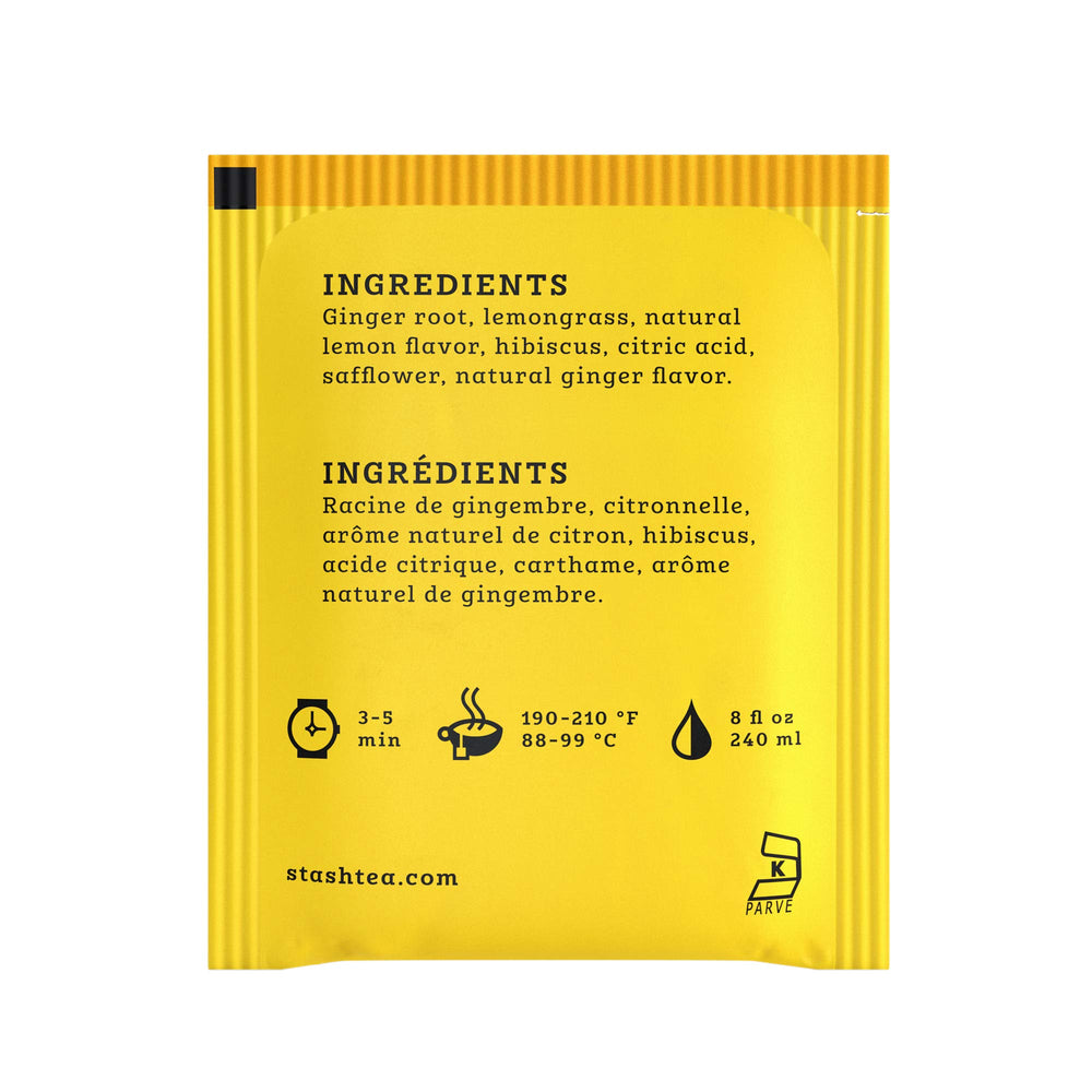 Stash Lemon Ginger Vitality tea bags close-up showing natural ingredients.