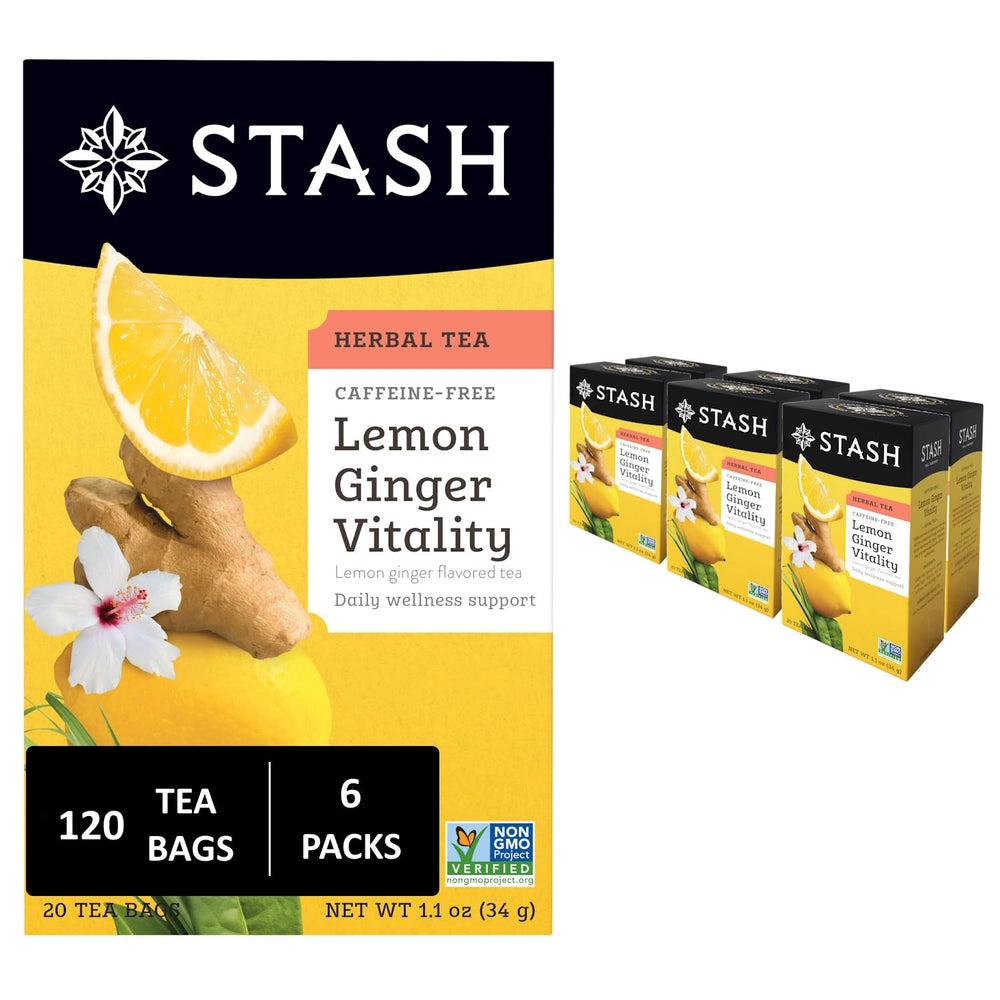 Stash Lemon Ginger Vitality tea pack front view—caffeine-free refreshment.