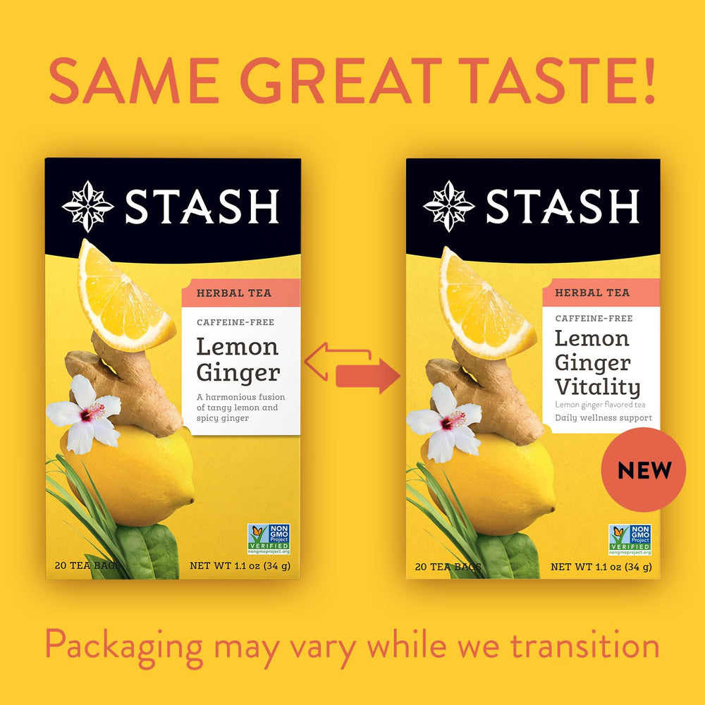 Stash Lemon Ginger Vitality tea pack on kitchen counter.