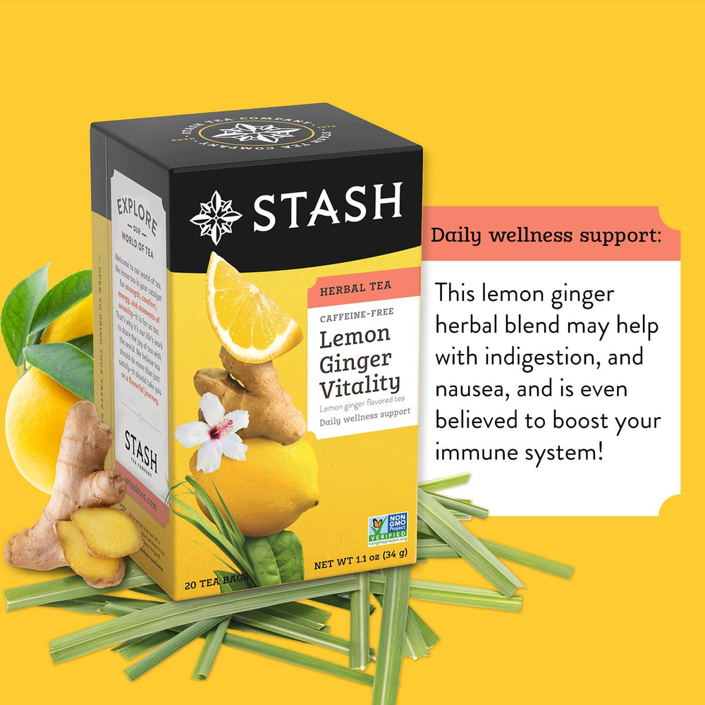 Stash Lemon Ginger Vitality tea packaging with traditional blend imagery.