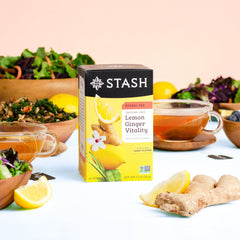Stash Lemon Ginger Vitality tea steeping in cup, aromatic.
