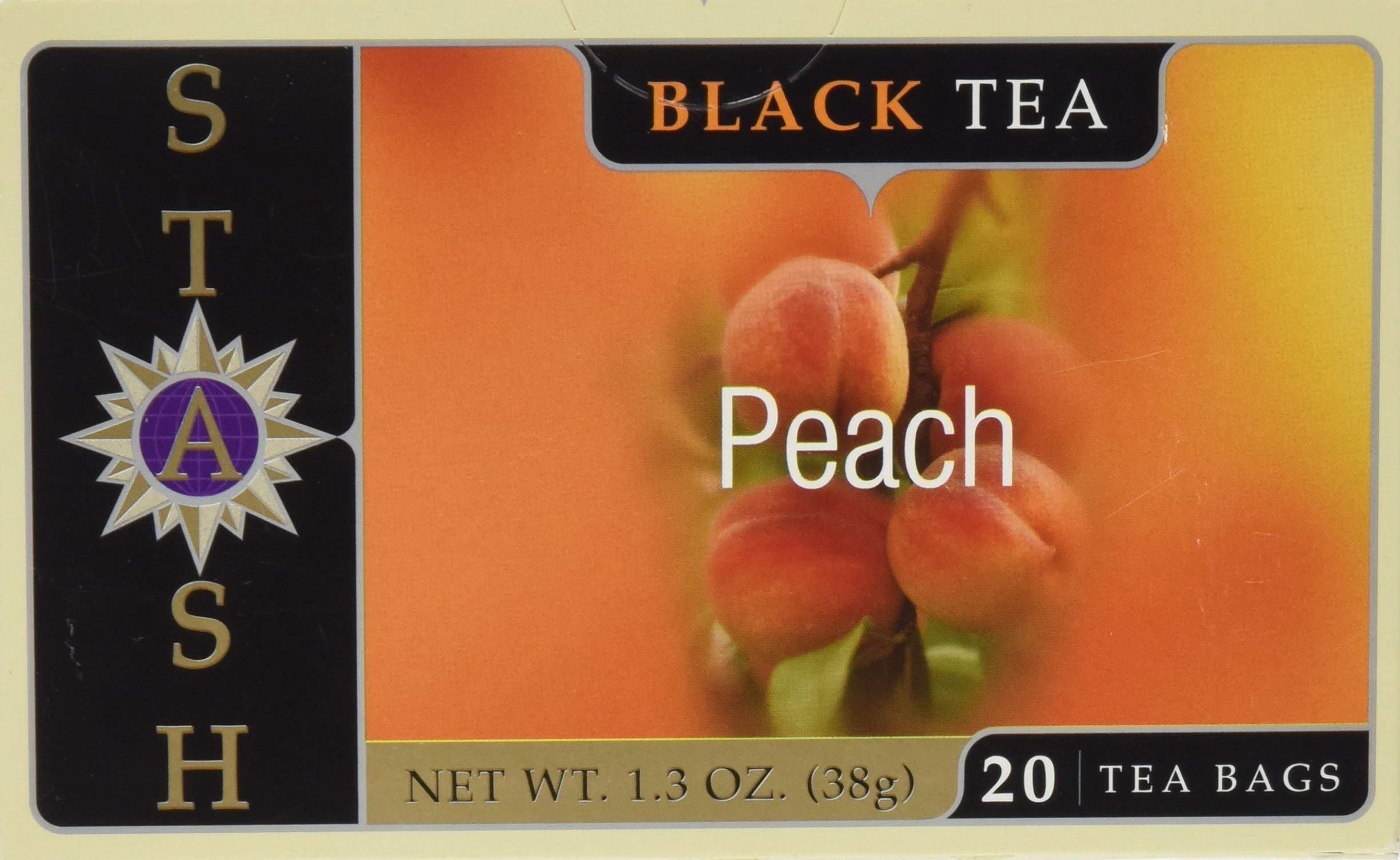 Stash Tea Peach Black Tea box with 20 bags for easy daily brewing.