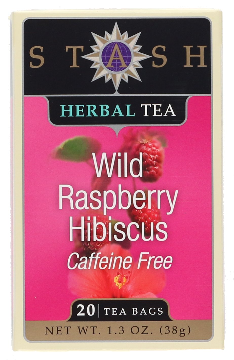 Stash Wild Raspberry Hibiscus tea box showing caffeine-free refreshment.