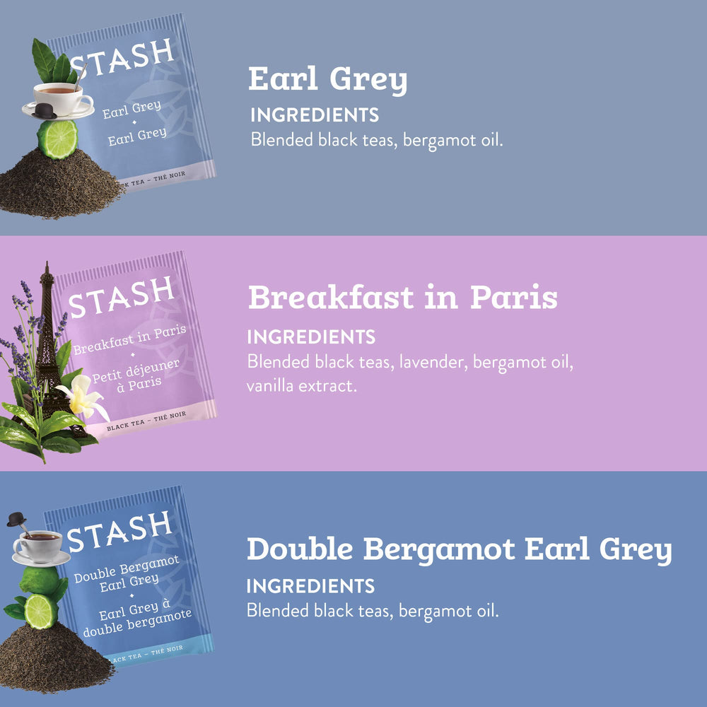 Stash Tea Breakfast in Paris tea bags ready for a morning brew.