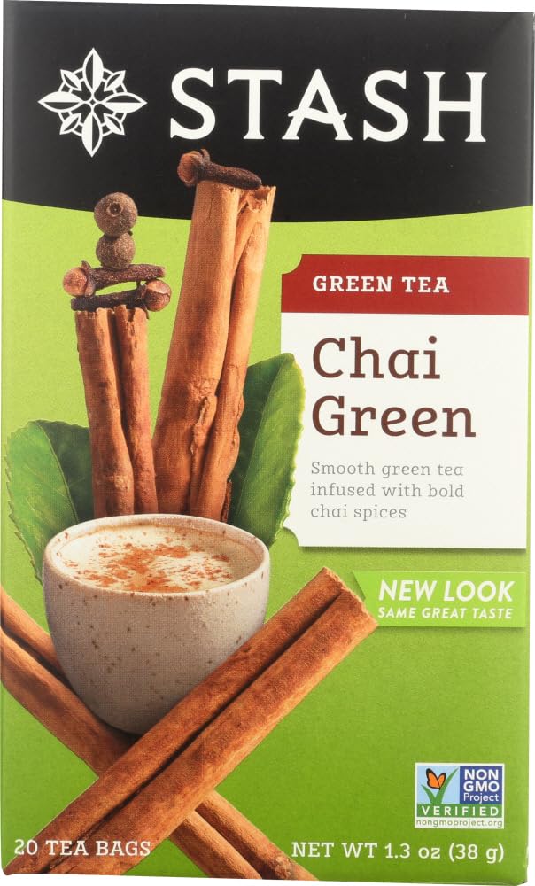 Stash Tea Chai Green Tea front pack with two boxes for quick mornings