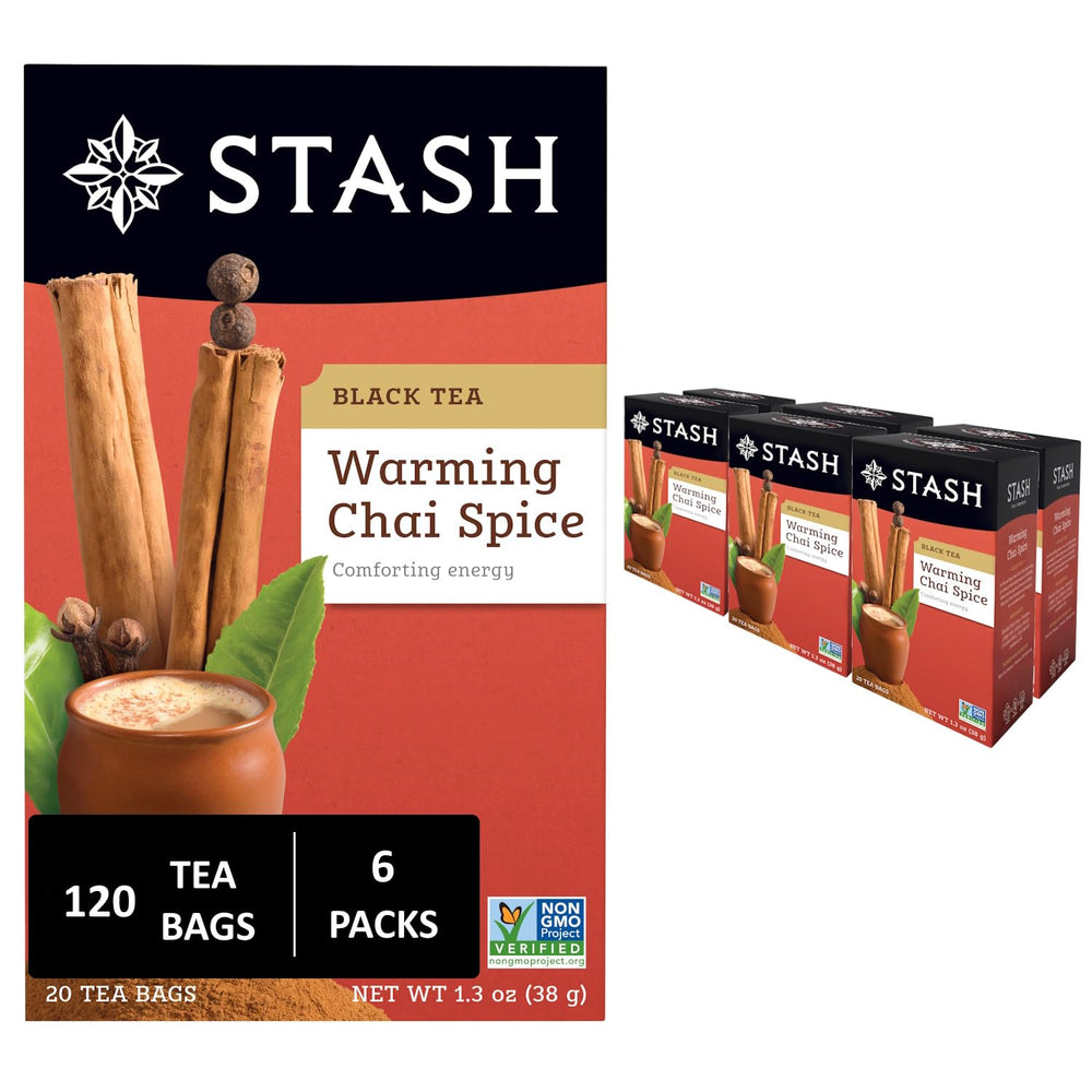 Stash Tea Chai Spice Black Tea boxes shown as a six-pack for freshness