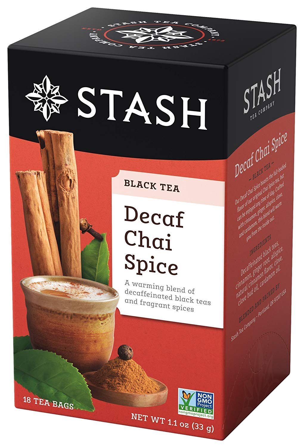 Stash Tea Chai Spice Decaf pack shot highlighting caffeine-free comfort for evenings.