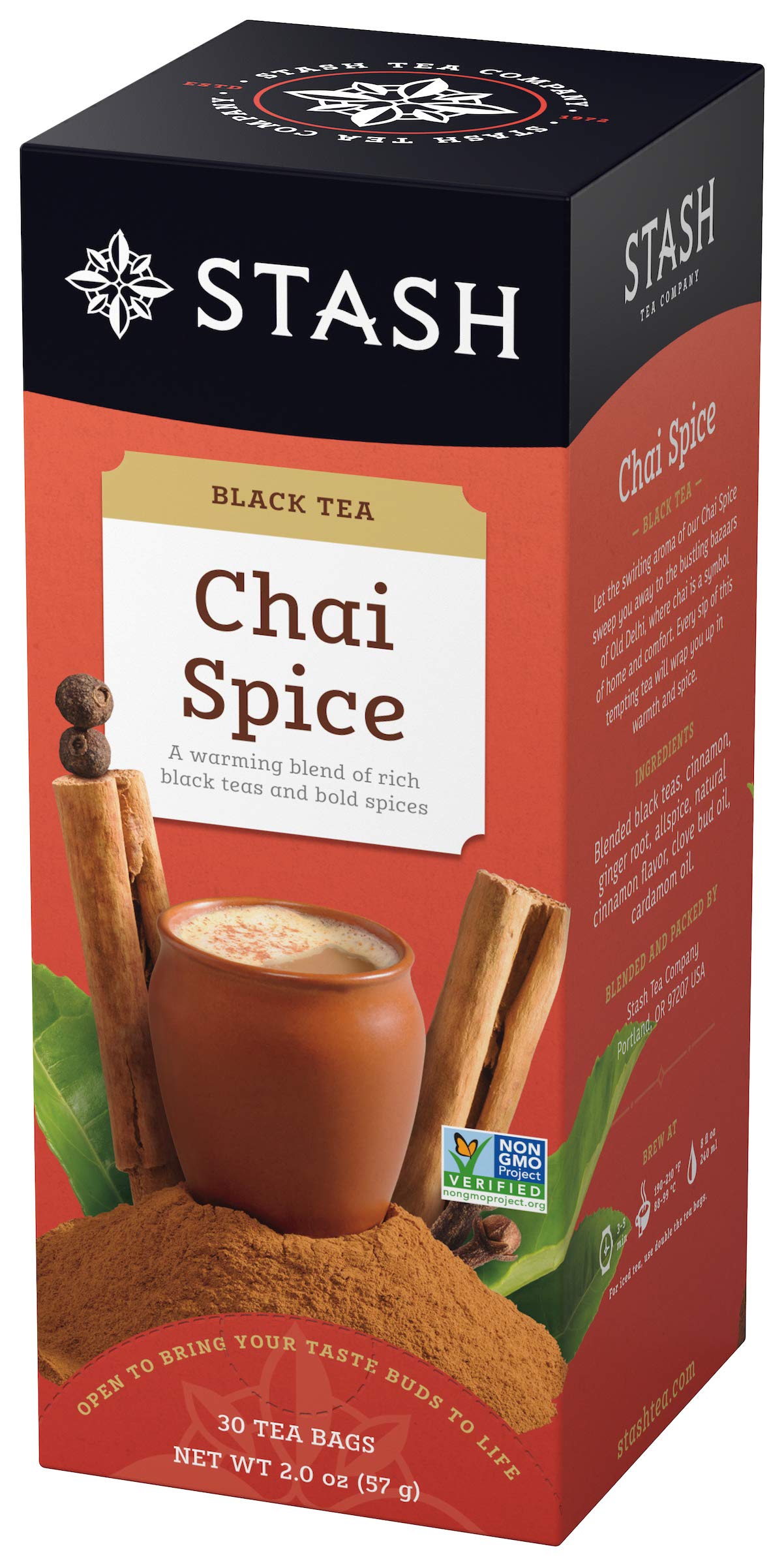 Stash Tea Chai Spice tea bags boxed and ready for a quick brew.