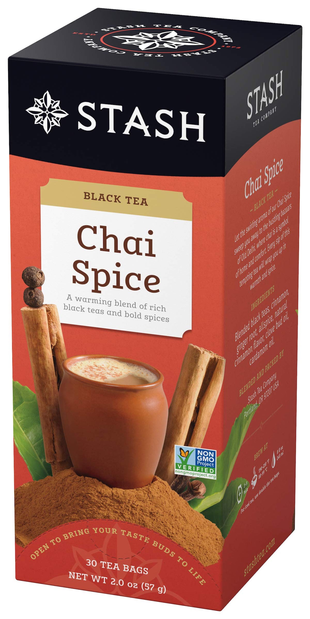 Stash Tea Chai Spice tea bags boxed and ready for a quick brew.