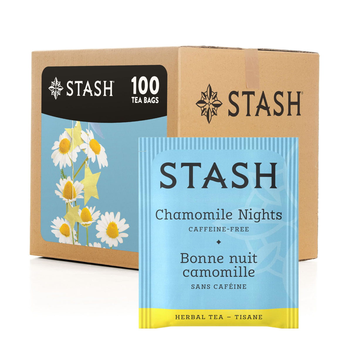 Stash Chamomile Nights tea bags in a cozy box ready for brewing.