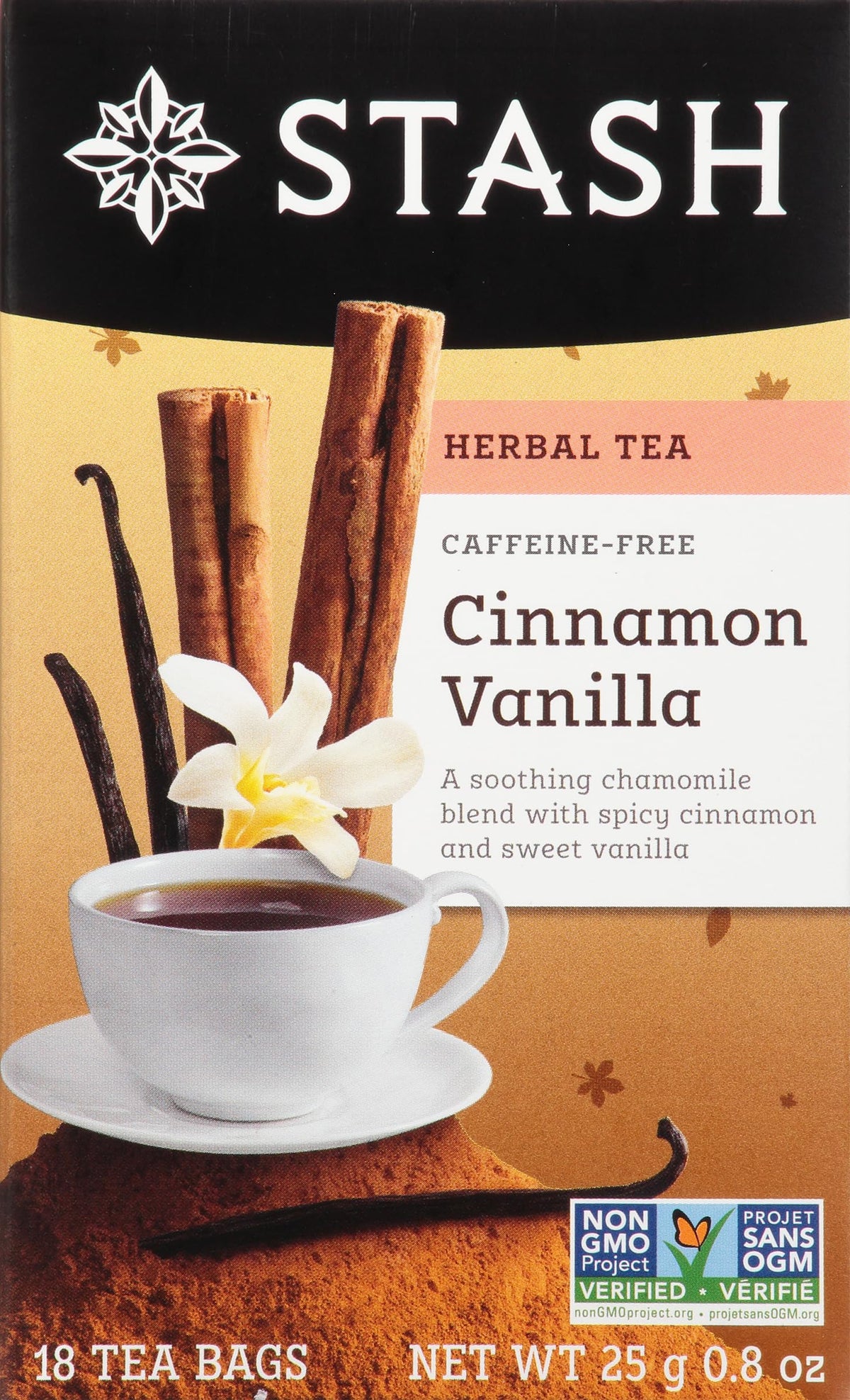 Stash Tea Cinnamon Vanilla herbal tea 18-count, caffeine-free, soothing aroma.