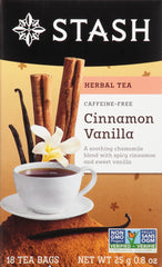 Stash Tea Cinnamon Vanilla herbal tea 18-count, caffeine-free, soothing aroma.
