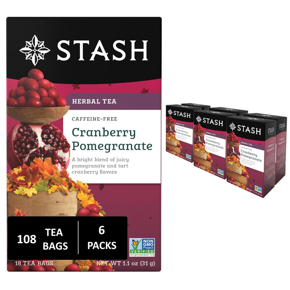 Stash Tea Cranberry Pomegranate tea bags in a bright gift box for a caffeine-free daily ritual.