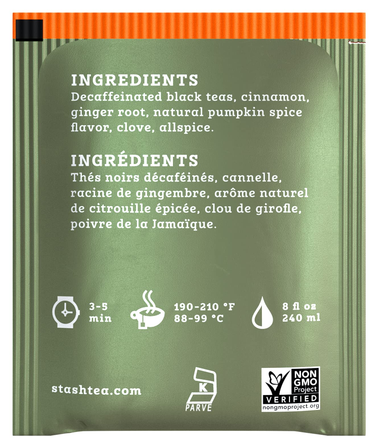 Aromatic steam rises from a cup of Stash decaf pumpkin spice tea.