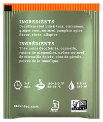 Aromatic steam rises from a cup of Stash decaf pumpkin spice tea.