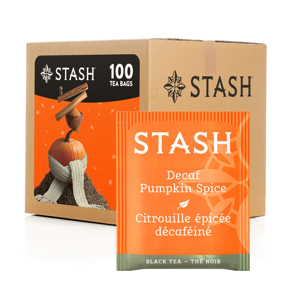 Stash Tea decaf pumpkin spice black tea box of 100 bags for cozy mornings.