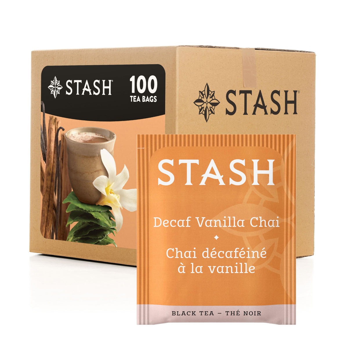 Stash Decaf Vanilla Chai box of 100 tea bags for convenient caffeine-free routines