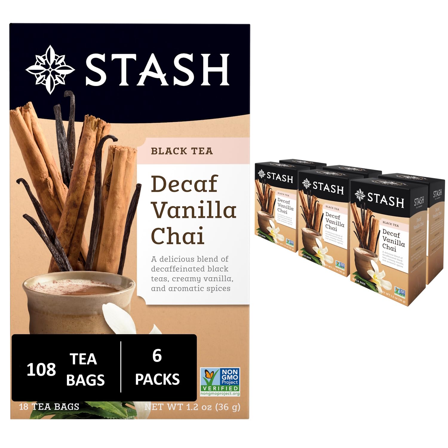 Stash Tea decaf vanilla chai boxes on kitchen counter for easy daily ritual