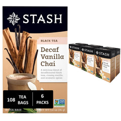 Stash Tea decaf vanilla chai boxes on kitchen counter for easy daily ritual