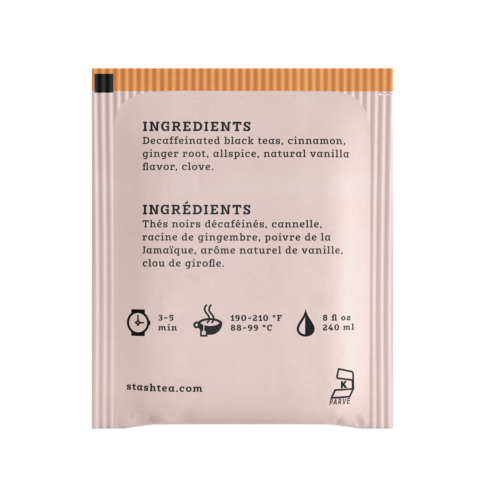Stash Decaf Vanilla Chai tea bag close-up showing premium packaging