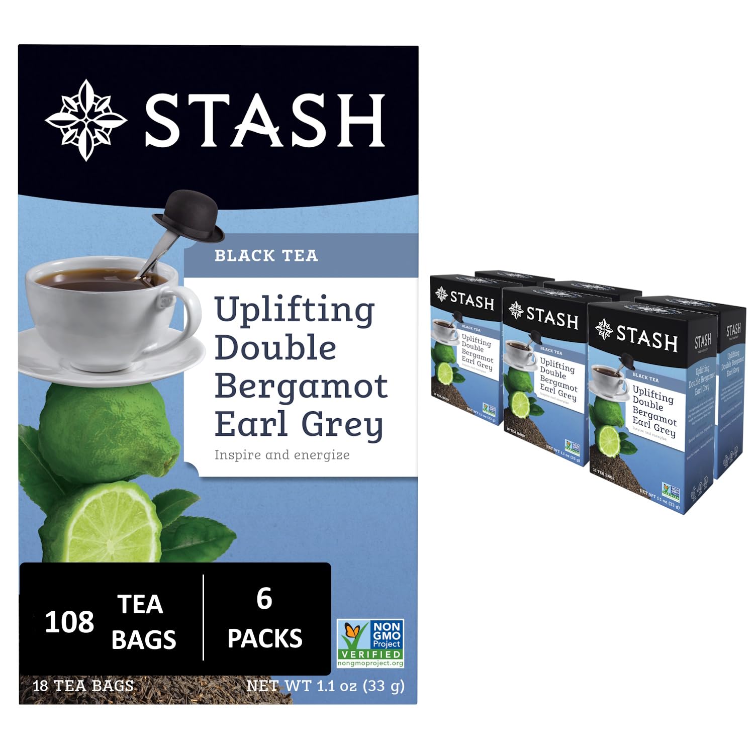 Stash Tea Double Bergamot Earl Grey box set showing six boxes.