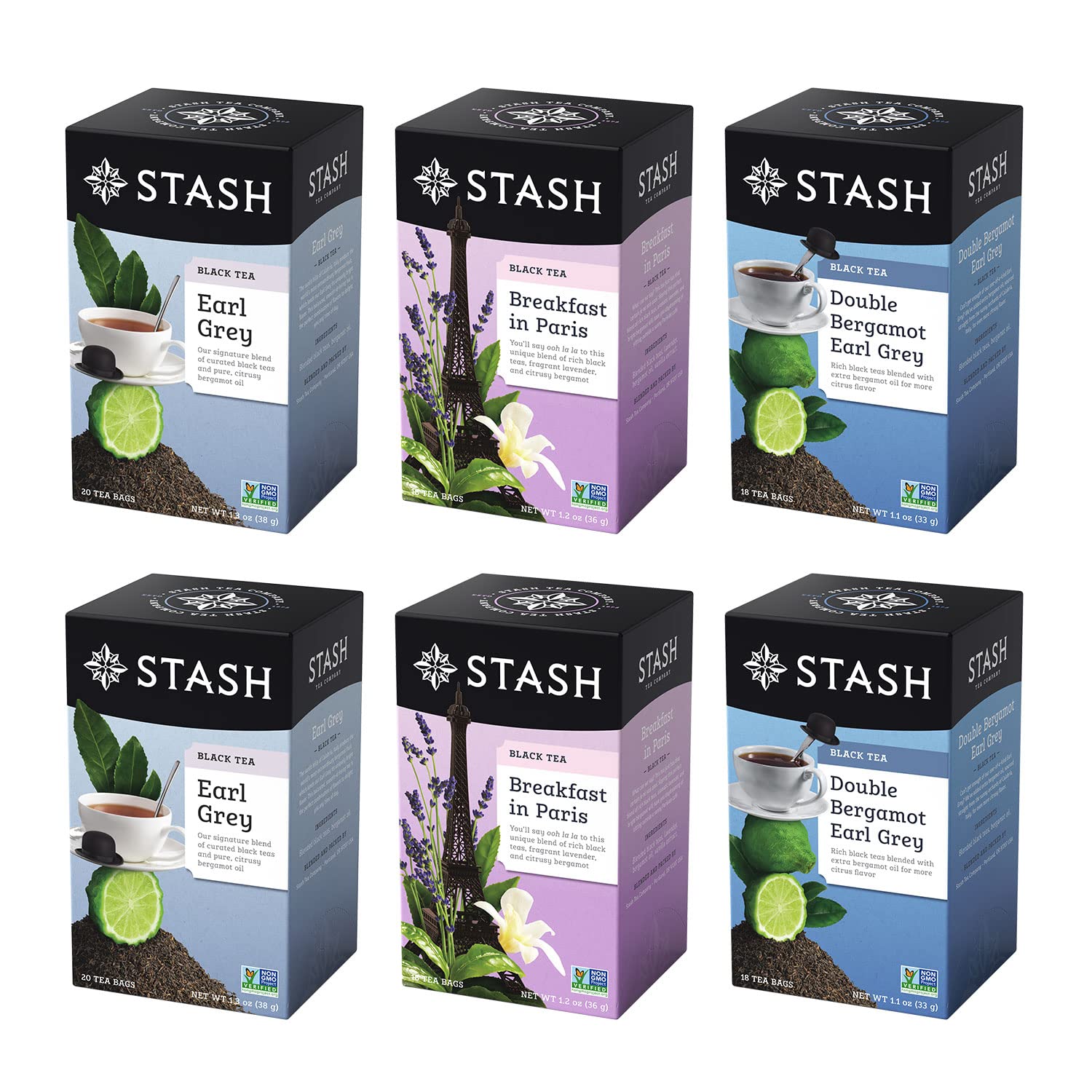 Stash Tea Earl Grey sampler boxes shown for hot or iced brewing.