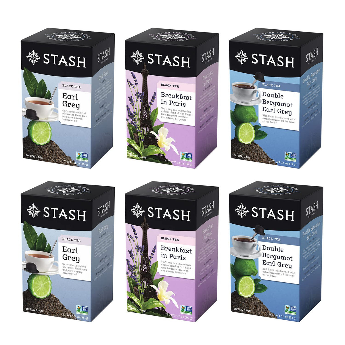 Stash Tea Earl Grey sampler boxes shown for hot or iced brewing.
