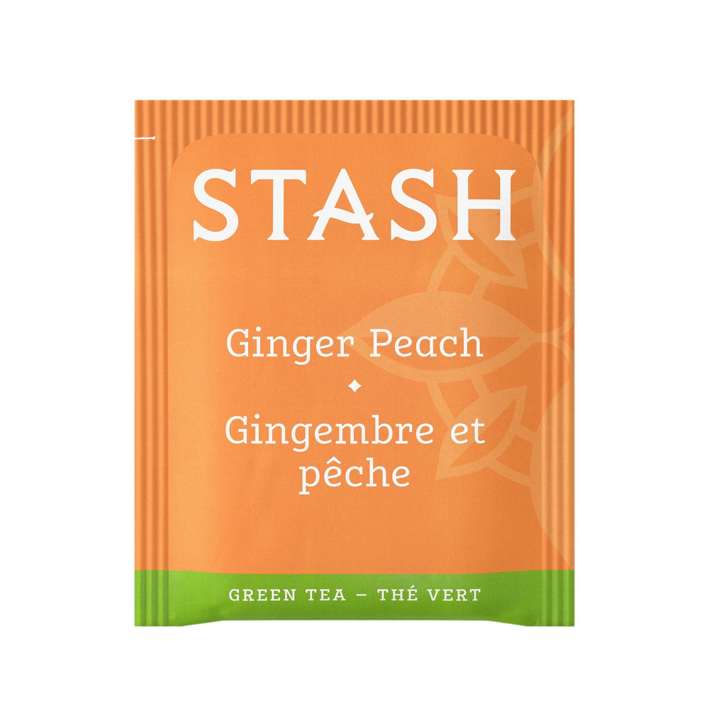 Stash Tea ginger peach green tea cup showcasing a refreshing, balanced brew