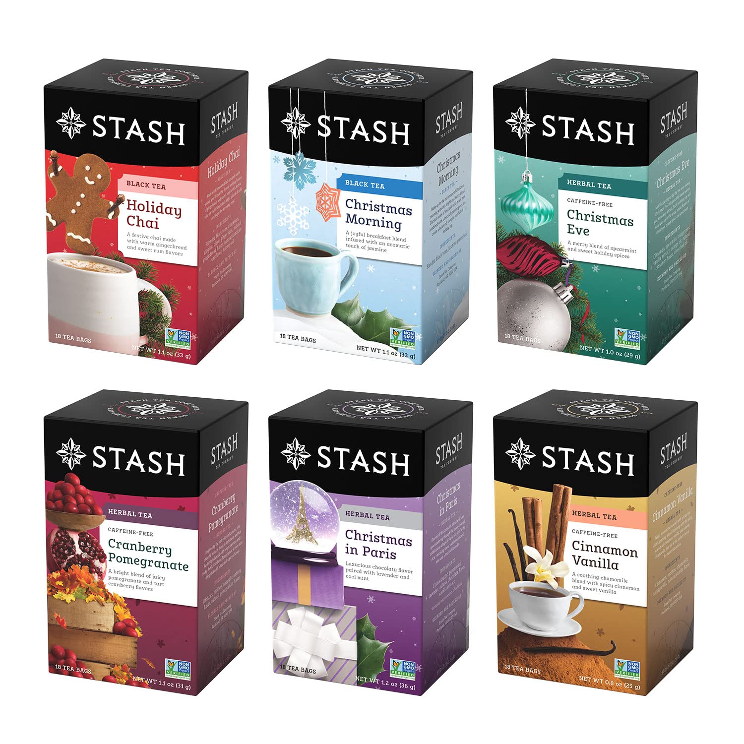 Stash Tea Holidays collection box showcasing six festive flavors for gifting