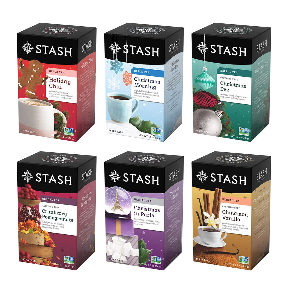 Stash Tea Holidays collection box showcasing six festive flavors for gifting
