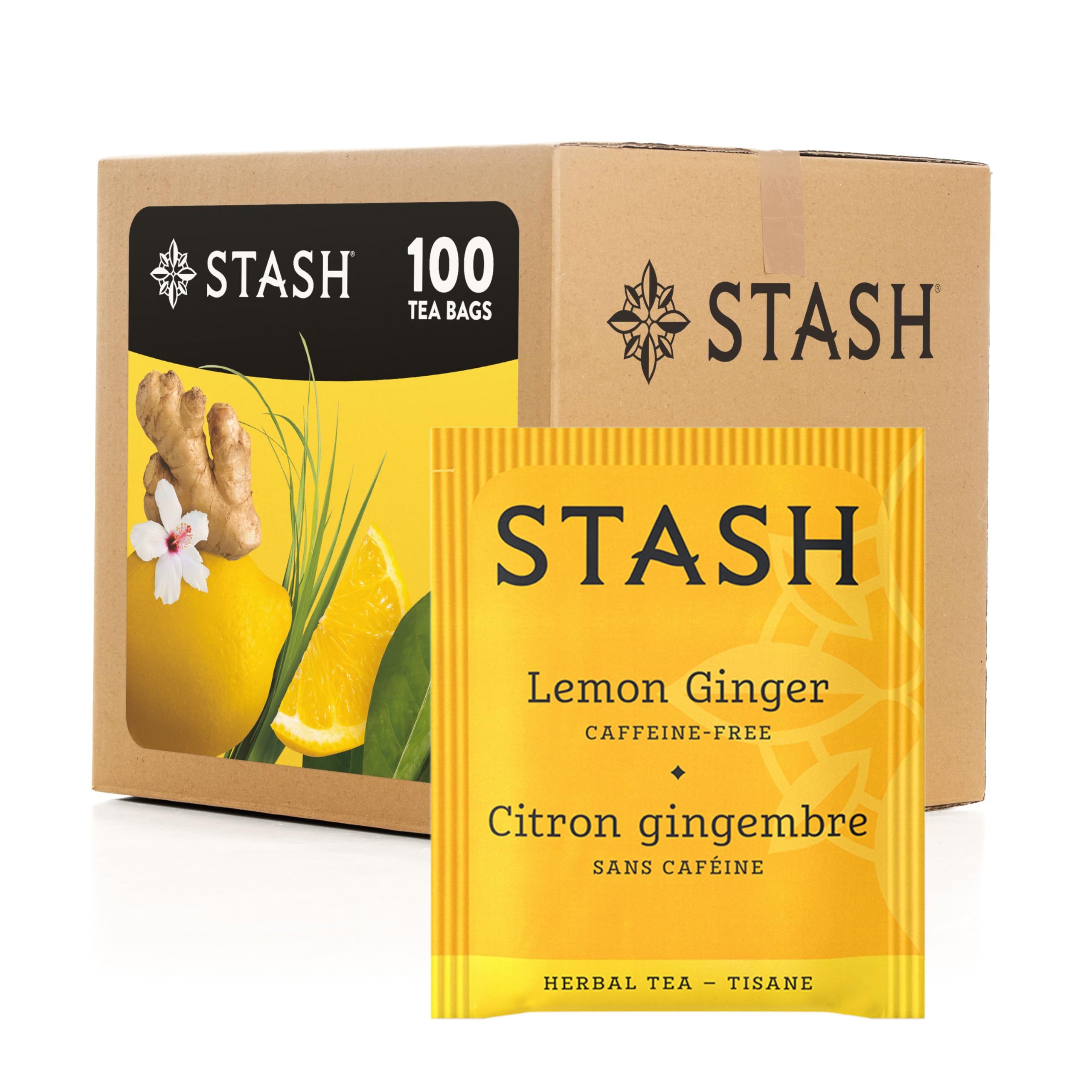 Stash Lemon Ginger box front shows the citrus-ginger blend for a refreshing mood lift