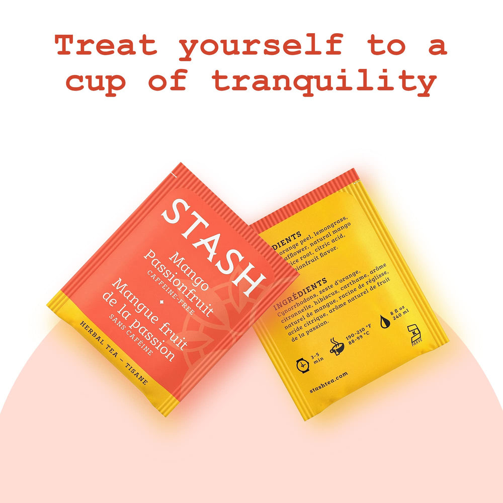 Stash tin with Mango Passion Fruit tea on pantry shelf.
