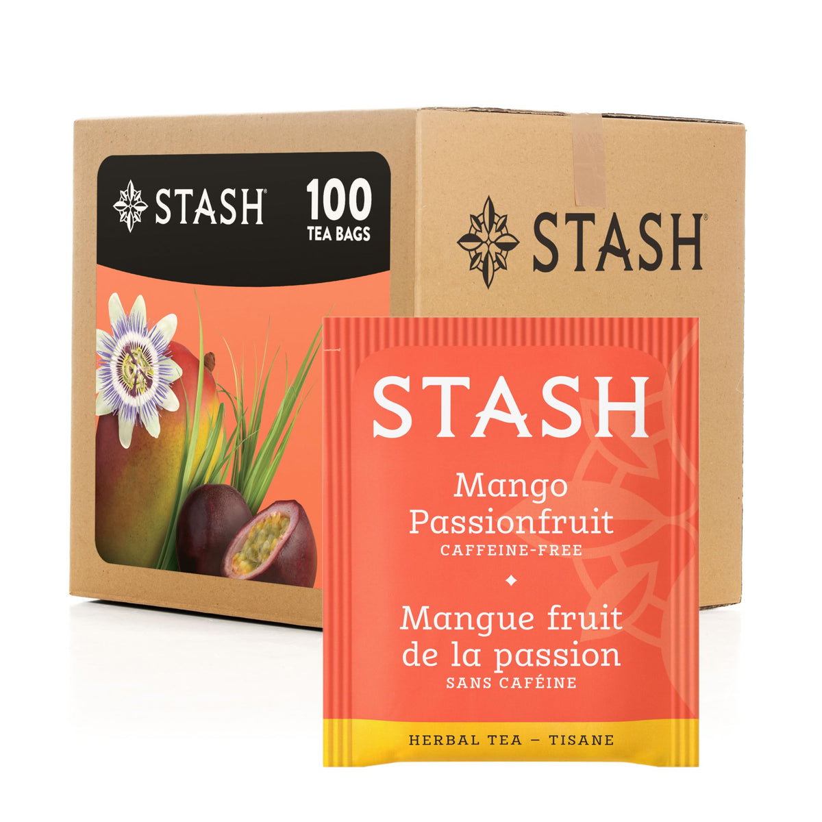 Stash Tea Mango Passionfruit box with 100 tea bags, ready for home brewing.