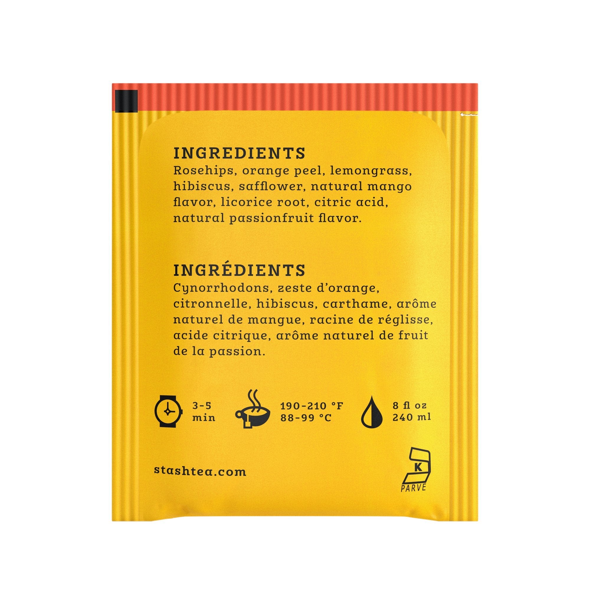 Stash Mango Passionfruit foil-wrapped tea bags keep flavor fresh.