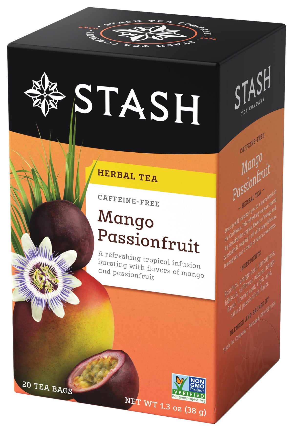 Stash Tea Mango Passionfruit tea bags deliver a caffeine-free fruit-forward brew.