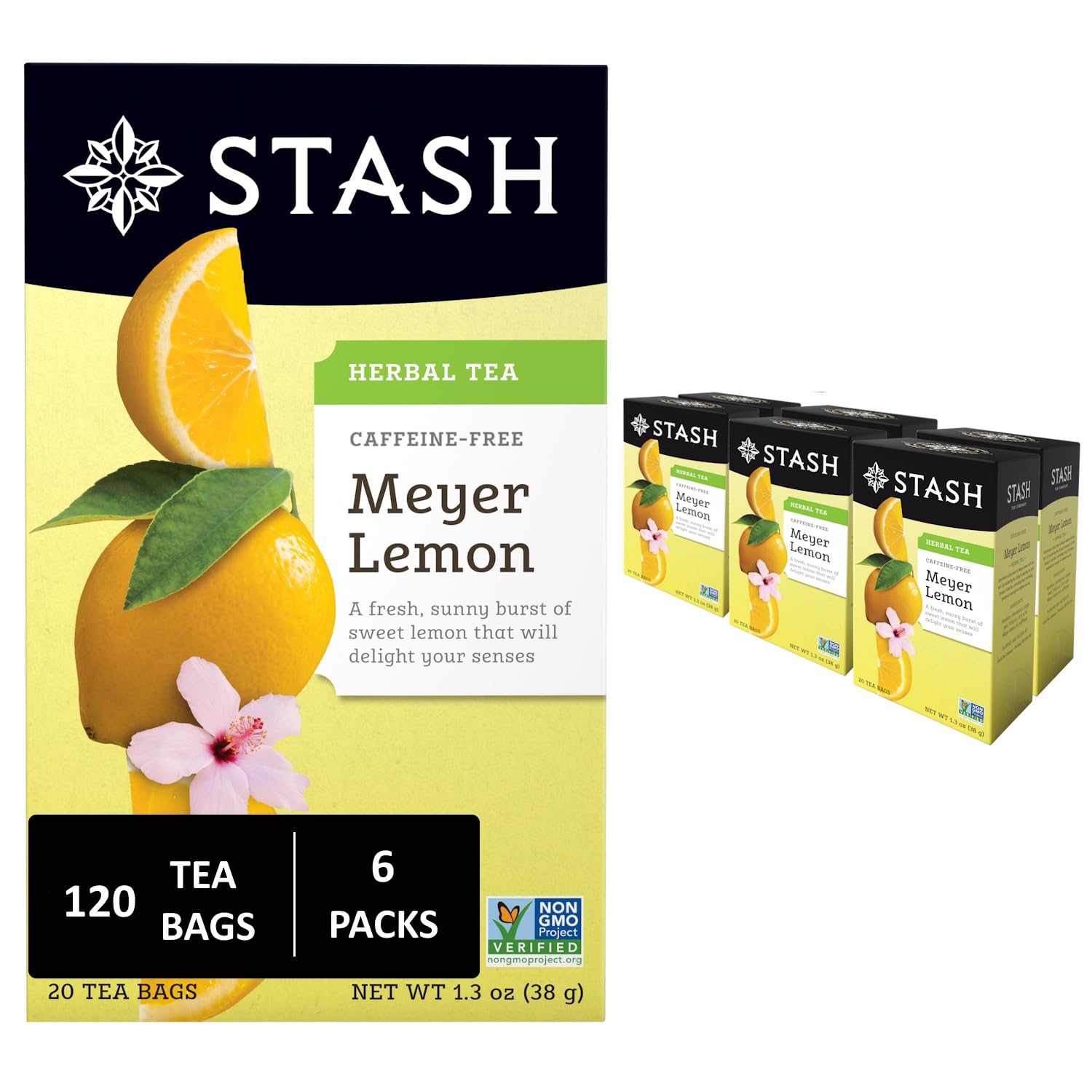 Stash Meyer Lemon Herbal Tea box collection for citrus aroma and caffeine-free sipping.
