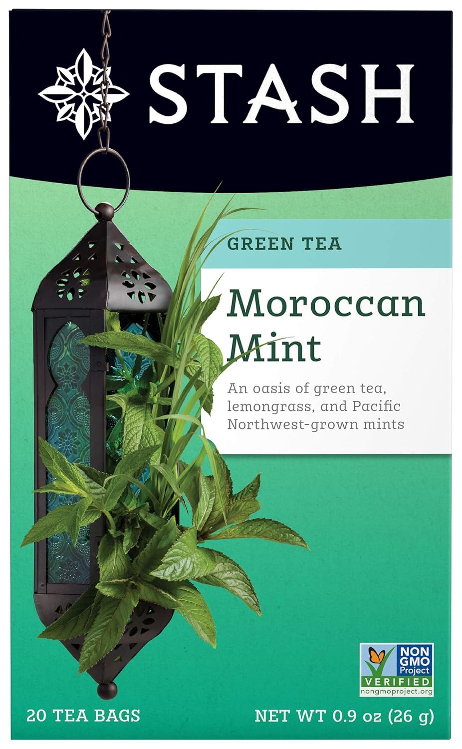 Stash Moroccan Mint Green Tea box showing foil-wrapped bags for a refreshing brew.