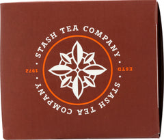 Stash tea pumpkin spice package label highlights ingredients and quality.