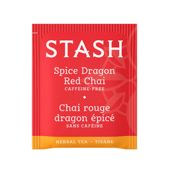 Stash Spice Dragon Red Chai brew cup, steam rising, highlighting rich spice aroma.