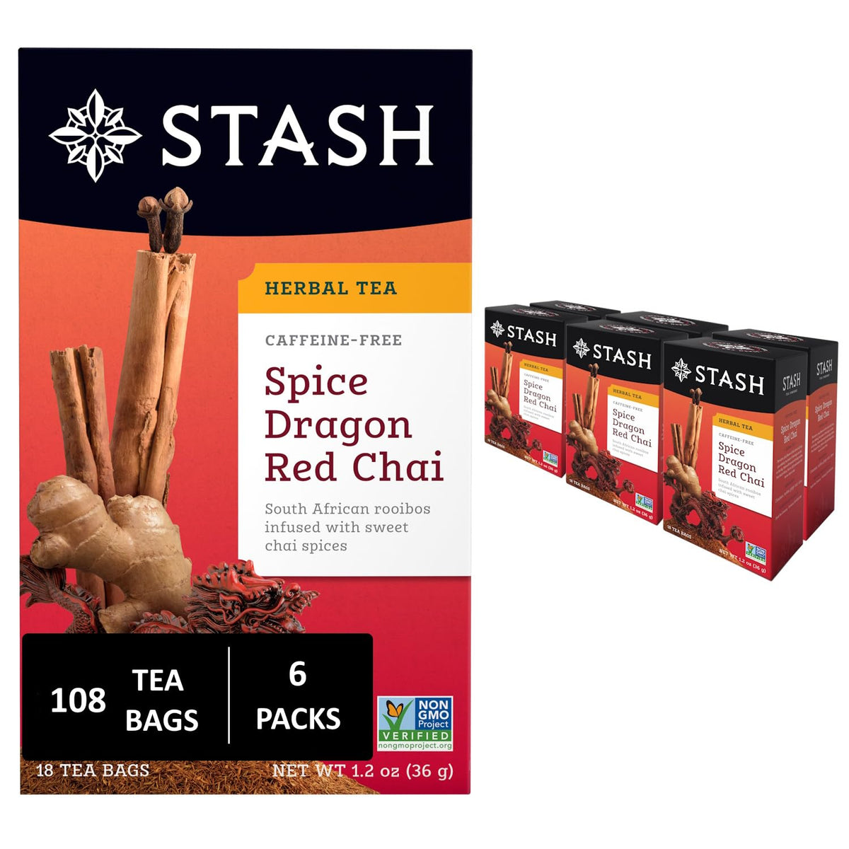 Stash Spice Dragon Red Chai tea bags on display, inviting comforting warmth and caffeine-free sipping.