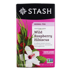 Stash Tea Wild Raspberry Hibiscus tea bag steeping in a cup for a refreshing sip.