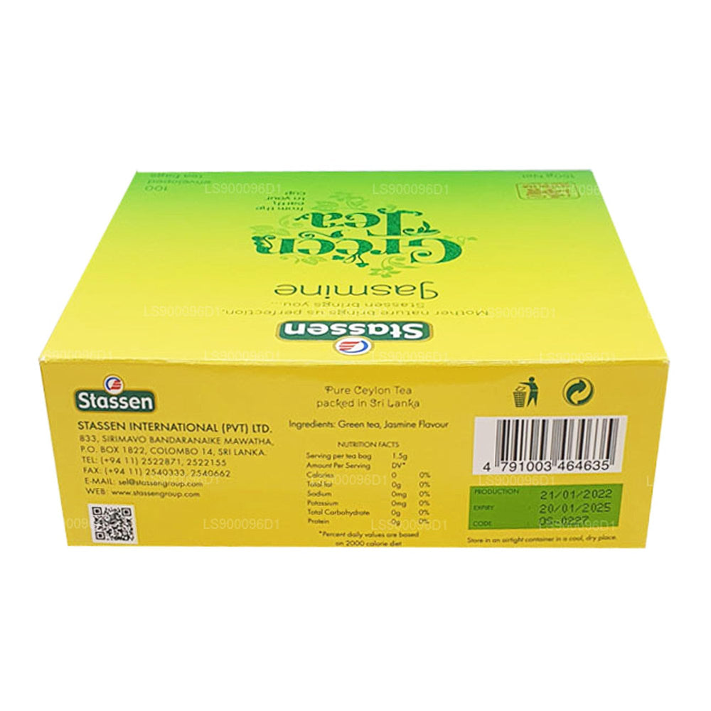 Stassen Pure Jasmine Green Tea packaging, 100 bags for everyday use.