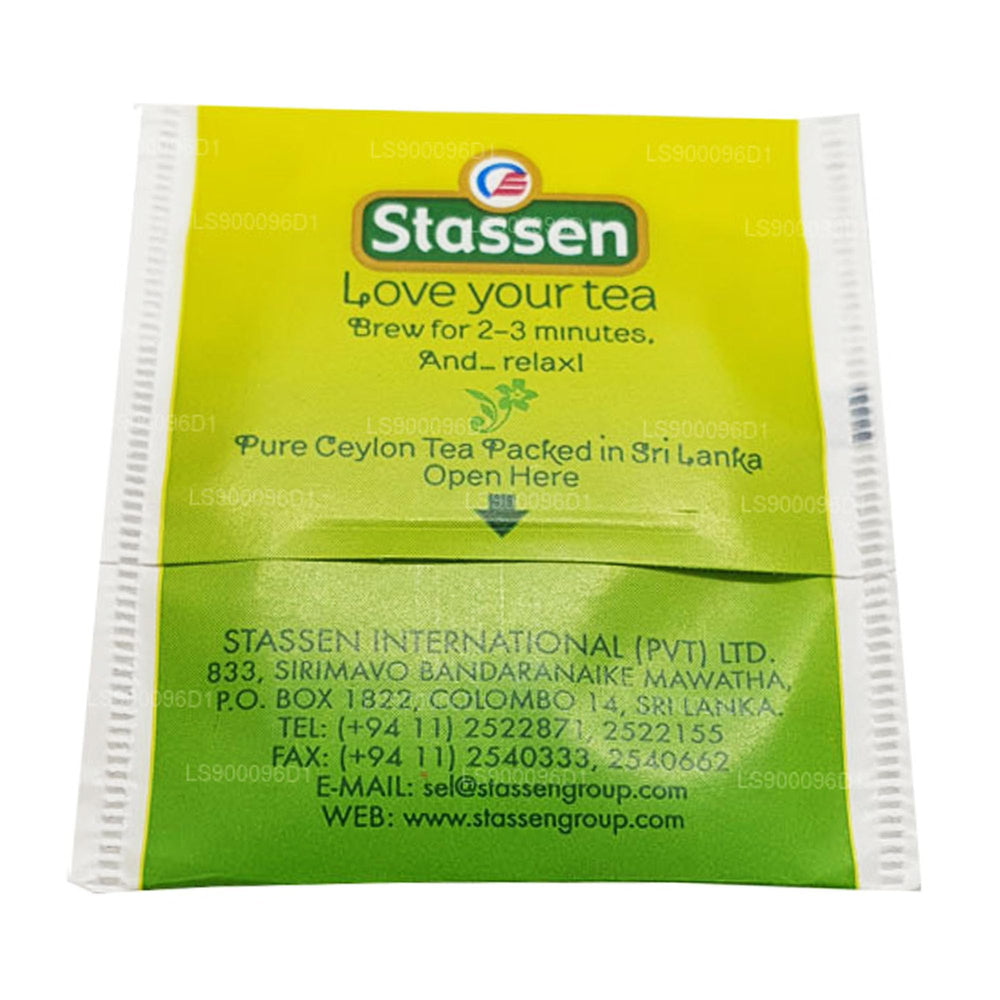 Stassen Jasmine Green Tea bags steeping beside a cup, gentle aroma ready.