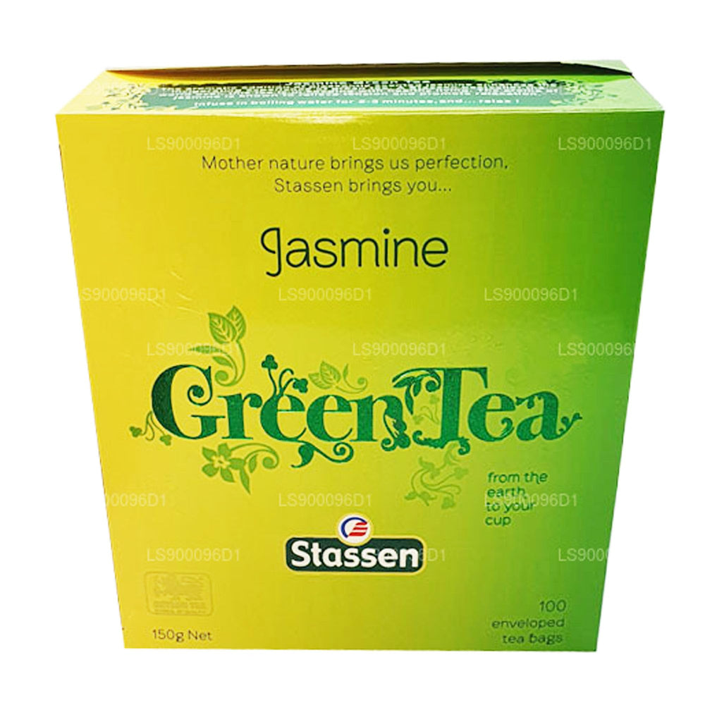 Stassen Jasmine Green Tea leaves in a close-up brew, fresh notes evident.