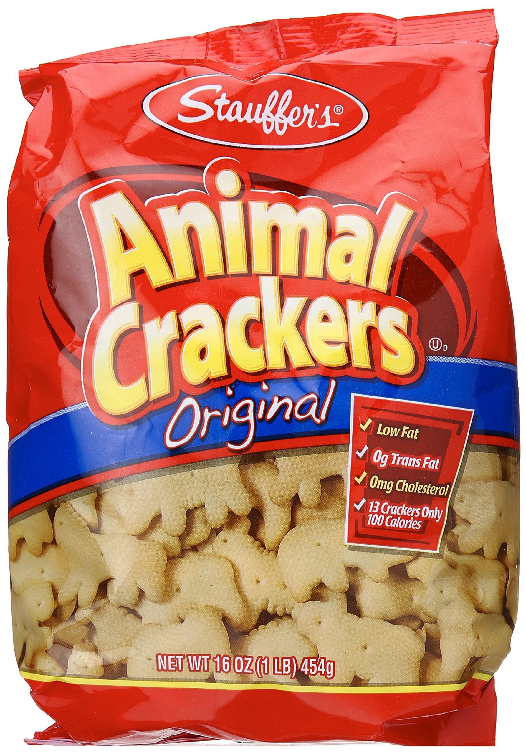 STAUFFER'S Animal Crackers Original 16 oz canister sits on shelf, a convenient low-fat snack.