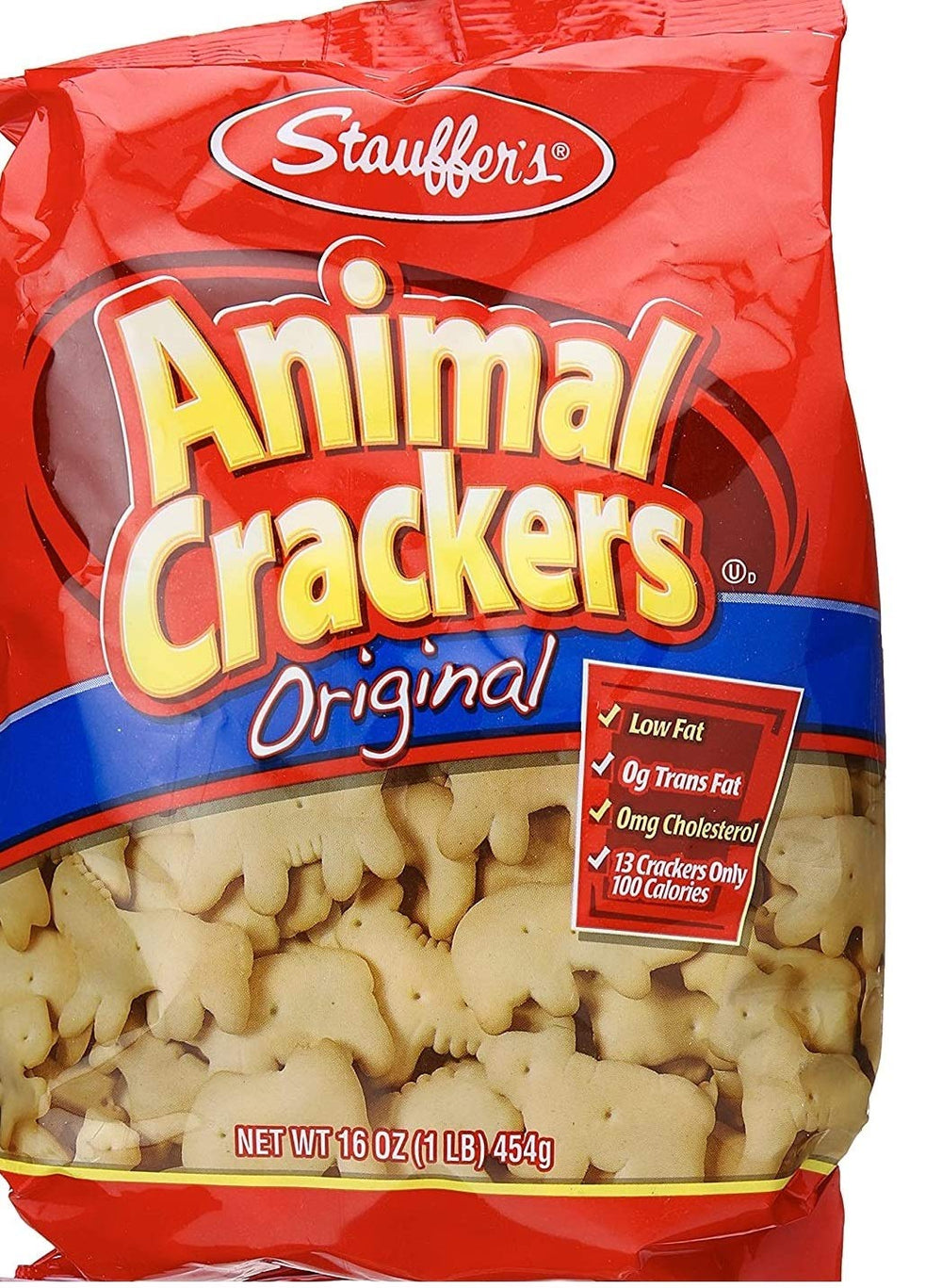 Stauffer's Animal Crackers Original 16oz pack front, convenient low-fat snack.