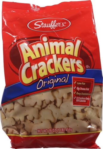 STAUFFER'S Animal Crackers packaging front displayed, classic flavor in a 16 oz canister.