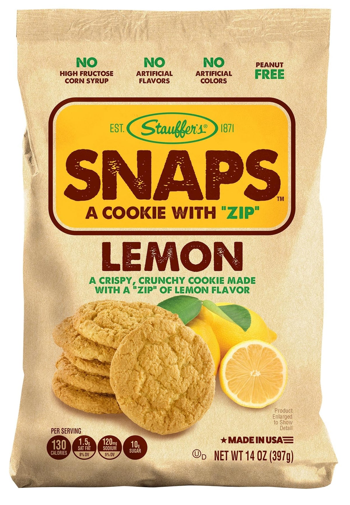 STAUFFER'S Lemon SNAPS cookies in a 14oz bag showing real lemon flavor for snacking