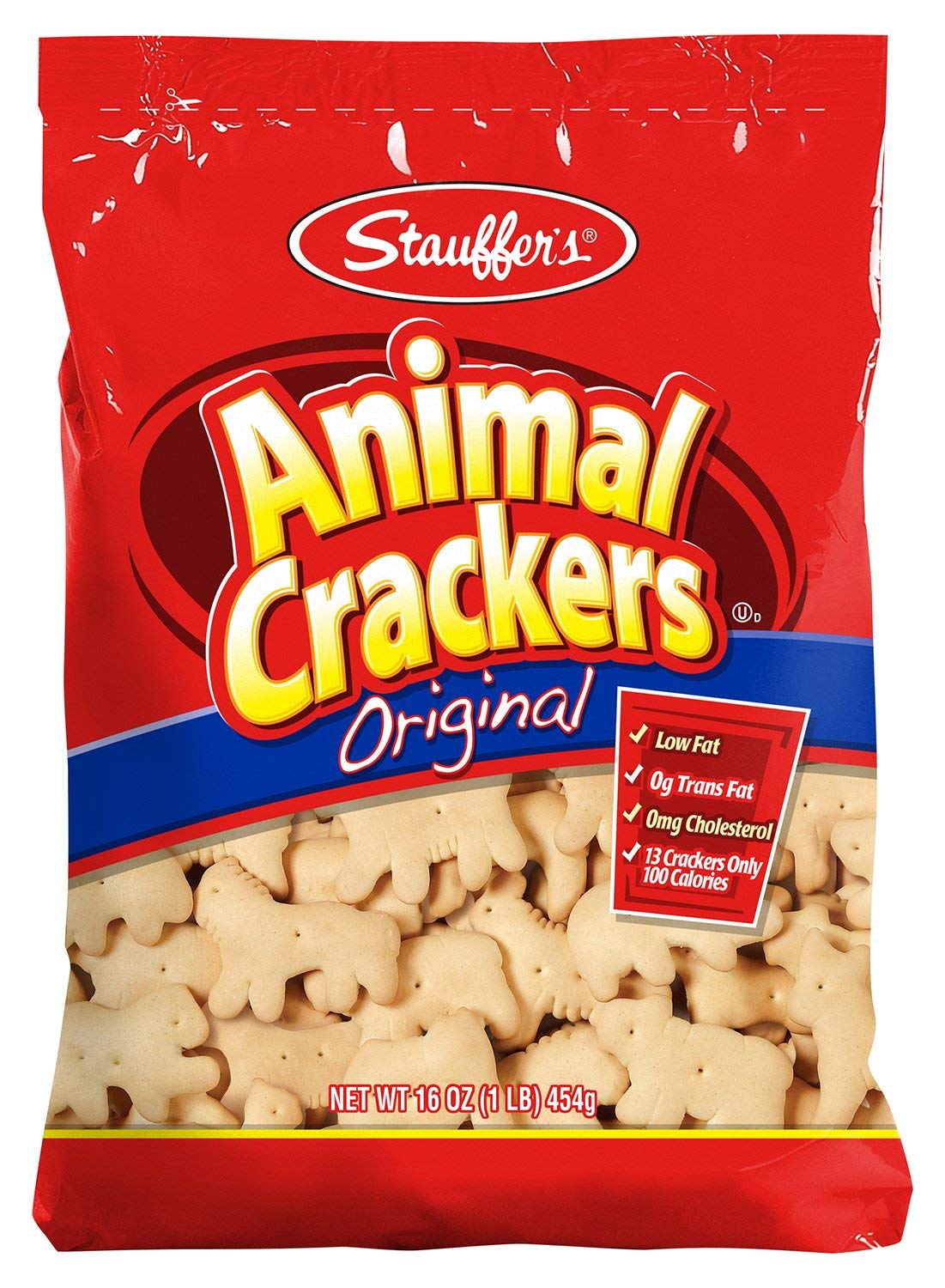 Stauffer's Original Animal Crackers 16oz bag, front view, ideal for kid-friendly snacks.