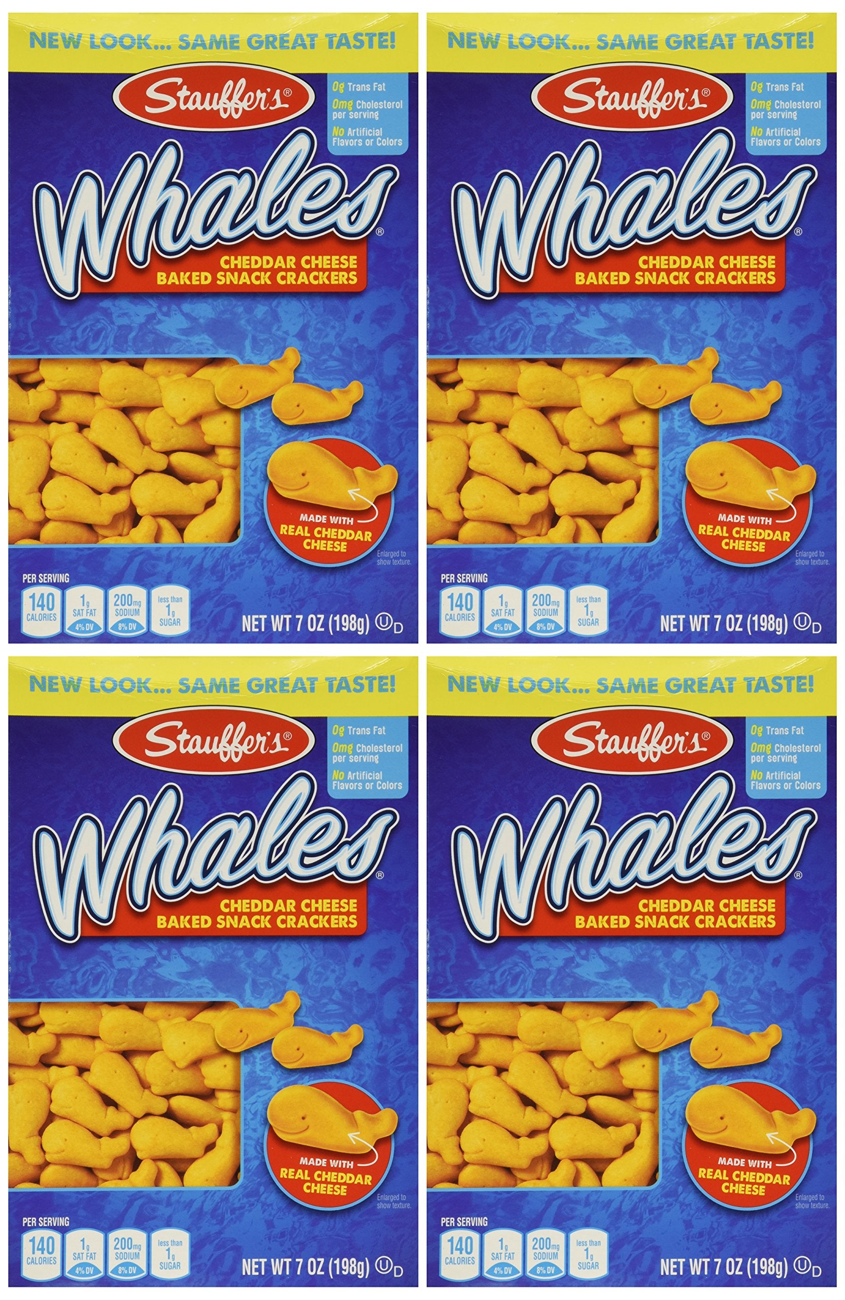 Stauffer's Whales Cheddar Crackers box 4-pack, ideal for on-the-go snacking.